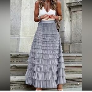 Layered Gray Mesh Maxi Skirt